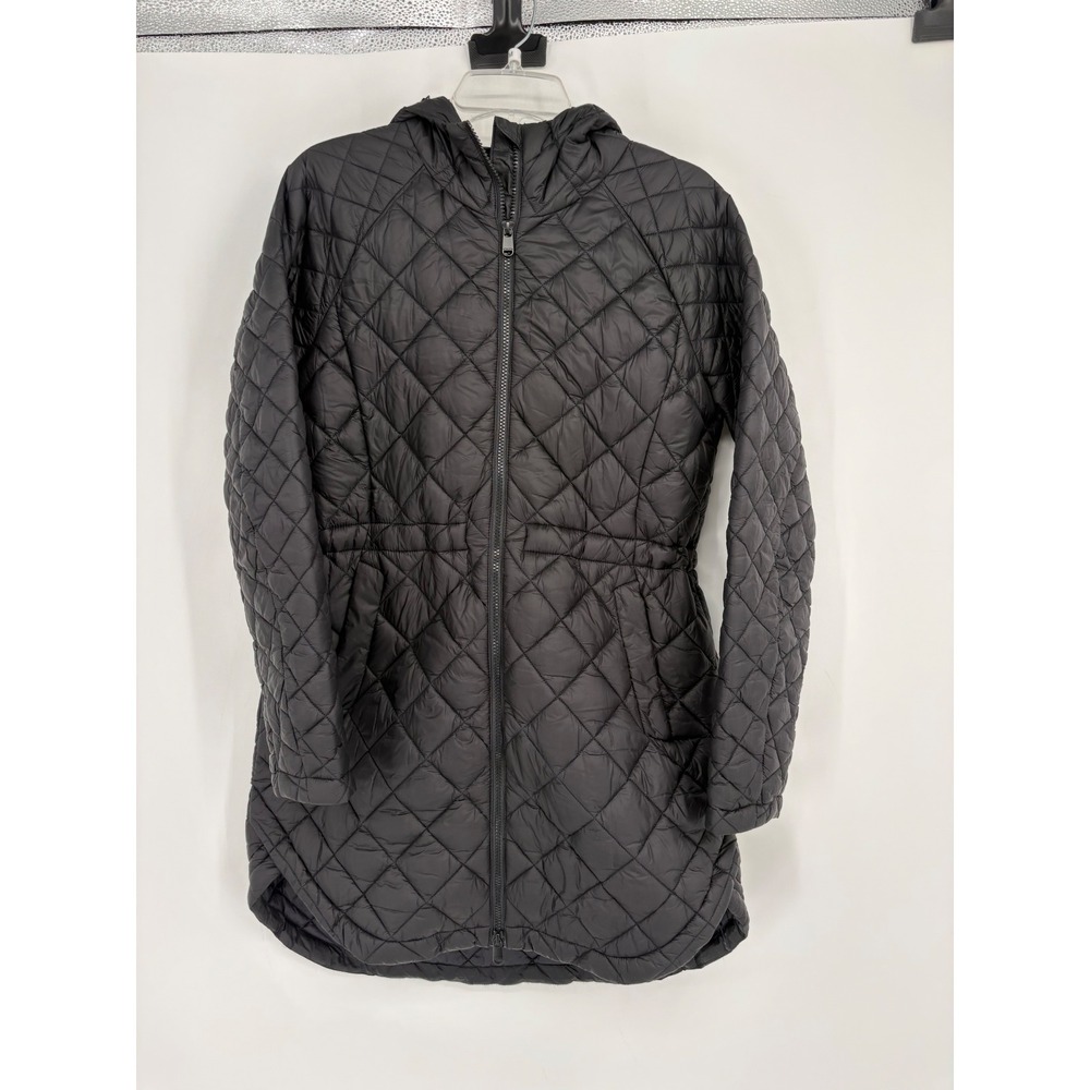 Athleta Quilted Parka Women Small Black Hooded Longline Puffer Jacket Light